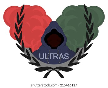 Laurel wreath, ultras, football fan logo. Danger man in hoodie standing in front of red and green smoke clouds
