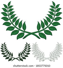 Laurel wreath vector design, two laurel branches making a semicircle in three different styles. All on white background.