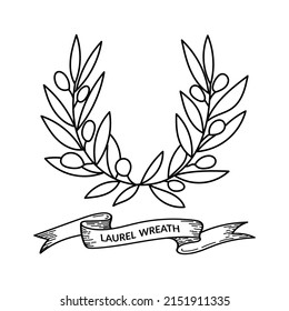 Laurel Kranz. Vektor, handgezeichnet, Lorbeerkranz einzeln auf weißem Hintergrund. Band mit Inschrift. Doodle-Stil. Konfektionierte Blumenrahmen.