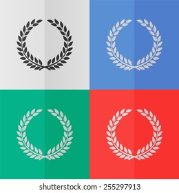 Laurel wreath vector icon. Effect of folded paper. Colored (red, blue, green) illustrations. Flat design
