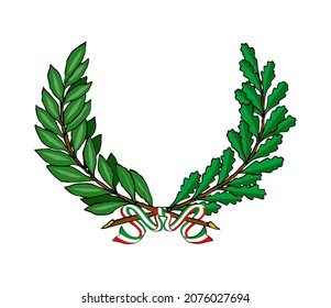 Ilustración vectorial de la corona de Laurel aislada sobre fondo blanco. Bandera italiana en la rama de la corona laurel.