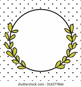 Laurel wreath vector photo frame with black polka dots on white background