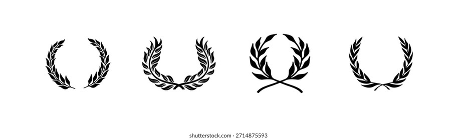 Conjunto de vetor de coroa de louro, coleção de quadro de prêmio, ícones de coroa de vitória preta, design de emblema elegante, gráficos de emblema vencedor, decoração de símbolo clássico, ilustração vetorial.