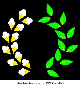 Laurel wreath vector template. Cotton flower and green leaves in circular shape isolated on black background. Award winning design. Very suitable for emblem decoration, honorary champion prize.
