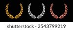 Laurel wreath of victory icon, set of gold, silver, and bronze medals on black background, laurel frame ranking decoration. Vector illustration