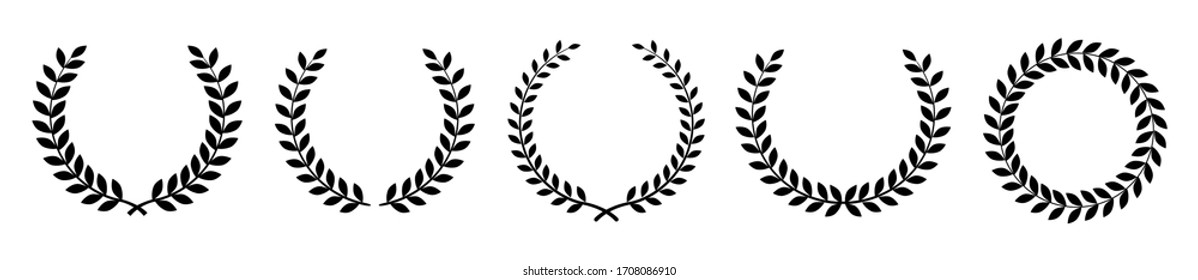 Laurel wreath of victory icon. Set black silhouette circular laurel foliate, wheat and oak wreaths depicting an award, achievement, heraldry, nobility. Emblem floral greek branch flat style