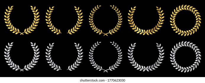 Laurel wreath of victory icon. Set gold and silver laurel foliate, wheat and oak wreaths depicting an award, achievement, heraldry, nobility. Emblem floral greek branch flat style