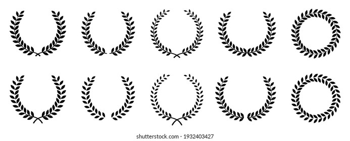 Laurel wreath of victory icon. Set black silhouette circular laurel foliate, wheat and oak wreaths depicting an award, achievement, heraldry, nobility. Emblem floral greek branch flat icons