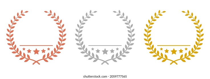 Laurel corona del icono de la victoria, conjunto de medallas de oro, plata y bronce