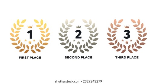 Laurel wreath of victory icon, set of gold, silver and bronze medals. Vector.