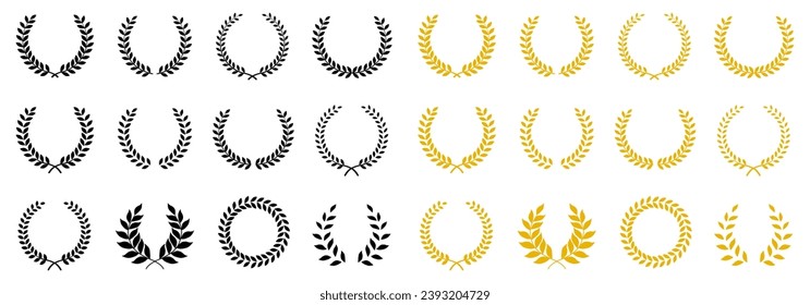 Laurel wreath of victory icon. Set black and gold silhouette circular laurel foliate, wheat and oak wreaths depicting an award, achievement, heraldry, nobility. Emblem floral greek branch flat icons