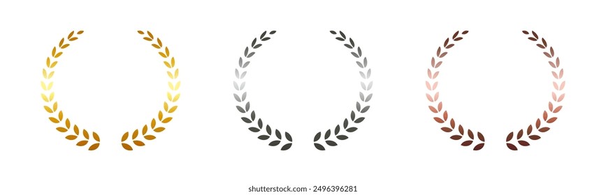 Laurel wreath of victory icon, set of gold, silver and bronze medals, laurel frame ranking decoration vector.