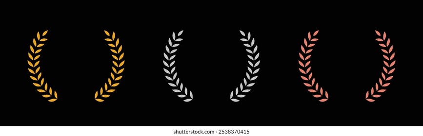 Laurel wreath of victory icon, set of gold, silver, and bronze medals on black background, laurel frame ranking decoration. Vector illustration