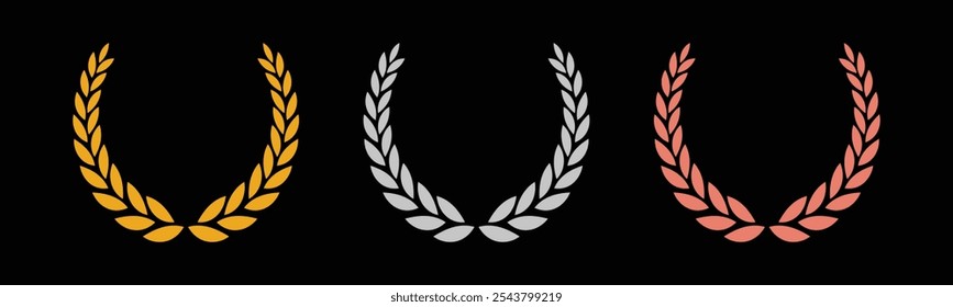 Laurel wreath of victory icon, set of gold, silver, and bronze medals on black background, laurel frame ranking decoration. Vector illustration