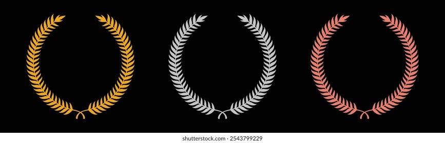 Laurel wreath of victory icon, set of gold, silver, and bronze medals on black background, laurel frame ranking decoration. Vector illustration