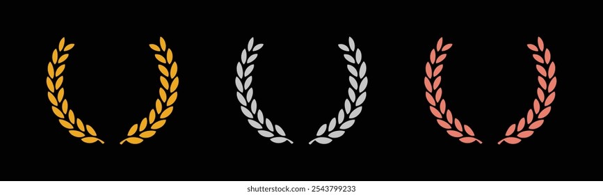 Laurel wreath of victory icon, set of gold, silver, and bronze medals on black background, laurel frame ranking decoration. Vector illustration