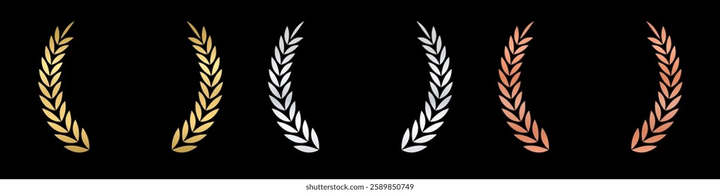 Laurel wreath of victory icon, set of gold, silver, and bronze medals circular laurel olive branches ,stars of victory symbol, A winner award of olive leaves, laurel frame ranking decoration.