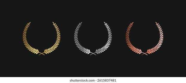 Laurel wreath of victory icon, set of gold, silver, and bronze medals on black background, laurel frame ranking decoration. Vector illustration