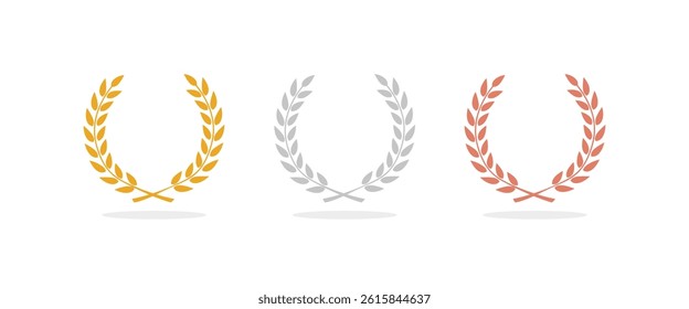 Laurel wreath of victory icon, set of gold, silver, and bronze medals on white background, laurel frame ranking decoration. Vector illustration
