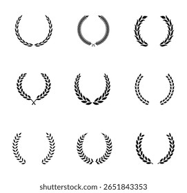 Laurel coroa de ícone vitória set. Mão desenhando coroas de louro e galhos coleção de silhueta. Laurel quadro classificação decoração. Ilustração vetorial