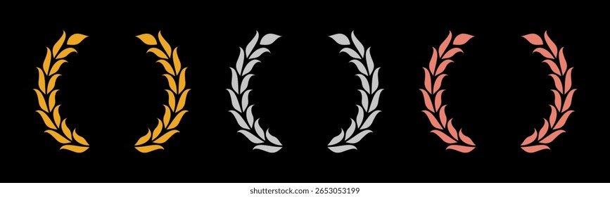 Laurel wreath of victory icon, set of gold, silver, and bronze medals on black background, laurel frame ranking decoration. Vector illustration