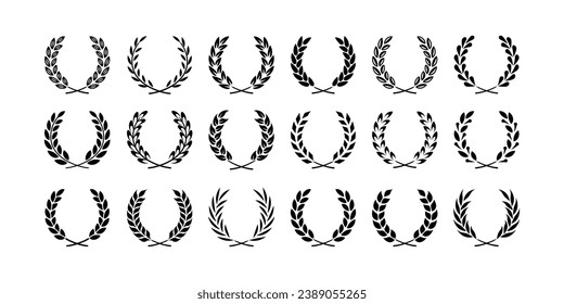 Laurel wreath. Winner award, olive leaves branch. Foliate award wreath for cinema festival, victory symbol, insignia emblem. Champion prize vector set. Symbol of success and glory, trophy