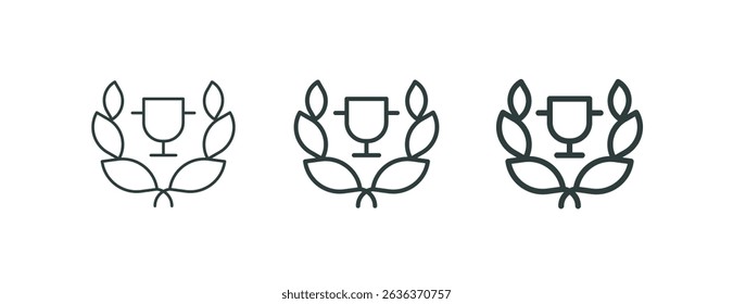 Laurel wreath winner, award, outline icons. Line signs circular foliate wreath of two laurel branches with leaves and cup. Vector isolated pictograms for web on white background editable stroke.