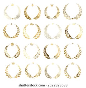 Laurel wreath winner símbolo icono conjunto Vector sobre fondo transparente. Coronas de oro con coronas y estrellas. Diversos emblemas de hojas y ramas de laurel. Para ganador, campeón, diseños de victoria