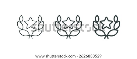 Laurel wreath, winner trophy, outline icons. Line signs circular foliate wreath of two laurel branches with leaves and star. Vector isolated pictograms for web on white background editable stroke.