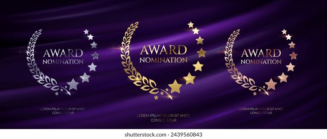 Laurel wreathes for award nominations realistic vector illustration set. Golden silver and bronze prizes 3d models on purple curtain background