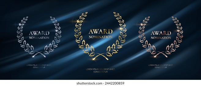 Laurel wreathes for award nominations realistic vector illustration set. Golden silver and bronze prizes 3d models on blue curtain background