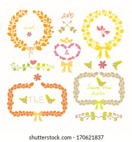 Laurel wreaths, arrows, hearts and flowers. Wedding romantic set in retro style