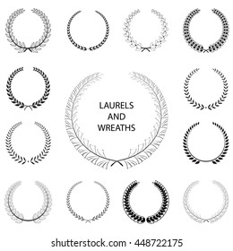 Laurel wreaths black silhouettes collection on the white background. Flora theme. Victory element. EPS 8