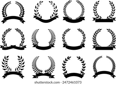 laurel wreaths. Laurel branches frames collection. Floral round frames medals of achievement leaves. Vintage decorative elements for awards 