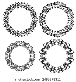 Laurel and wreaths. Circular leaf and floral design. Decorative elements for labels, invitations, greeting cards, posters, banners, frames. Vector illustration