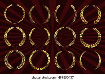 Laurel wreaths collection.Set of golden laurel wreaths.Vector illustration.