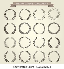 Laurel wreaths collection in heraldic style, garlands set for blazons, vector