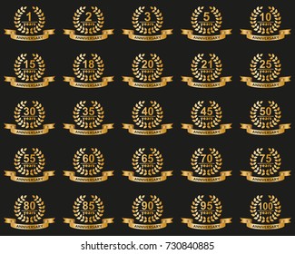 Laurel wreaths collection. Jubilee from 1 to 100 years. Vector illustration.