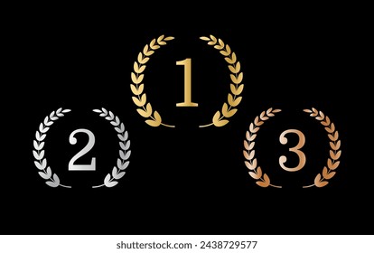 Laurel wreaths with first, second and third place. Award emblems. Wreath frame. Gold, silver, bronze. 1st, 2nd, 3rd. Vector illustration