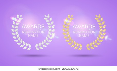 Laurel wreaths. Gold and silver 3D awards set. First and second place. Victory and achievement. Minimalist style. Vector Illustration. 


