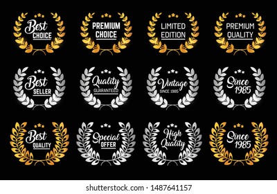 Laurel Wreaths in Gold and Silver. Product Label Certifications Badges collection. 
