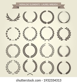 Laurel wreaths set in different style, heraldic wreath for blazons and emblems, vector