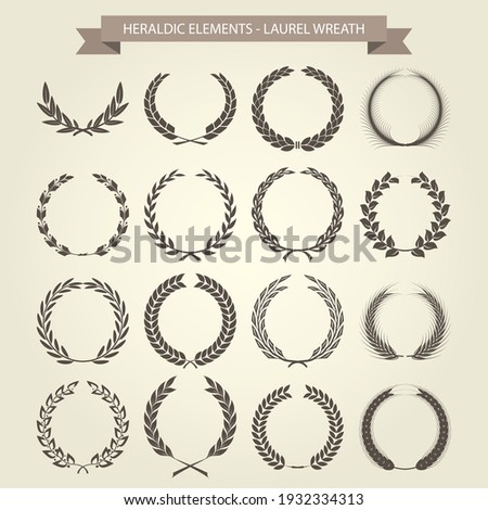 Laurel wreaths set in different style, heraldic wreath for blazons and emblems, vector