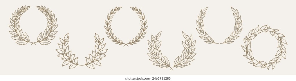 Coronas de laurel establecidas. Elegantes marcos redondos vintage florales con ramas y hojas. Ilustración vectorial dibujada a mano en estilo de arte de línea