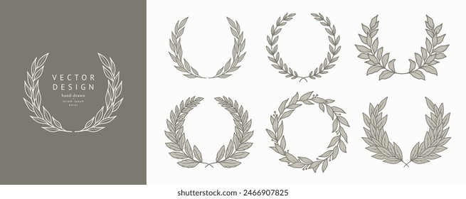 Laurel wreaths set. Elegant floral vintage round frames with branches and leaves. Vector illustration hand drawn 