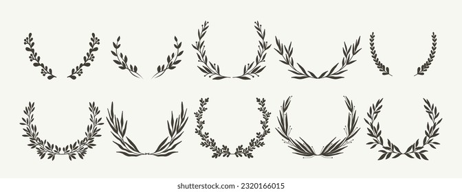 Laurel wreaths set in silhouette style. Hand drawn elegant floral frame with branches and leaves. Vector illustration for label, business identity, wedding invitation, greeting card, diploma