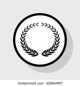Laurel Wreaths sign. Vector. Flat black icon in white circle with shadow at gray background.
