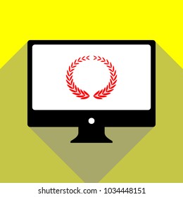 Laurel Wreaths sign. Vector. Red icon on white monitor of black all-in-one desktop computer with two shadows at yellow background.