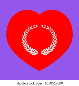 Laurel Wreaths sign. Vector. White icon in red heart at lavender background.