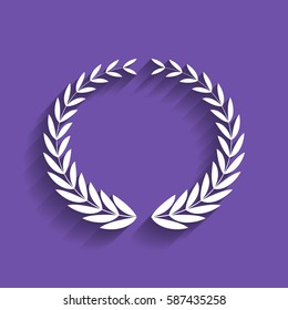 Laurel Wreaths sign. Vector. White icon with soft shadow on grape violet background.